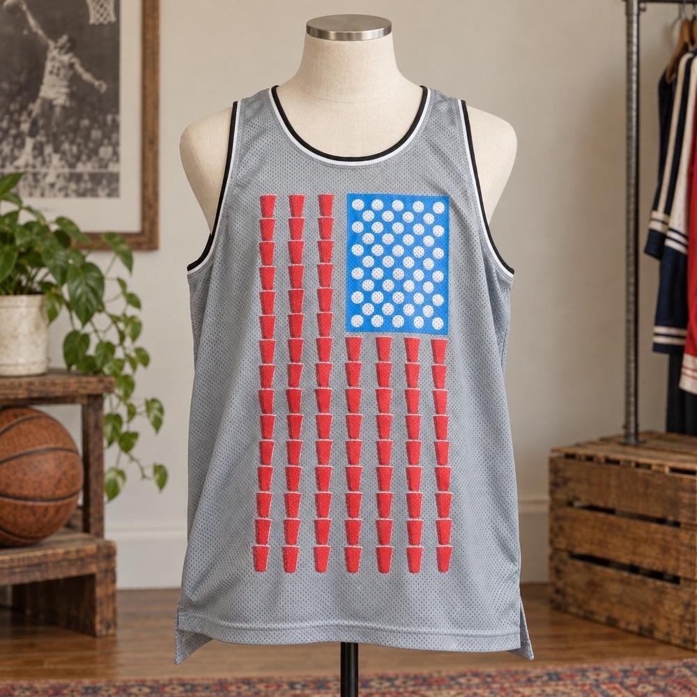 Mens Grey Mesh Basketball Jersey American Flag Red Solo Cup Beer Pong Tank Top